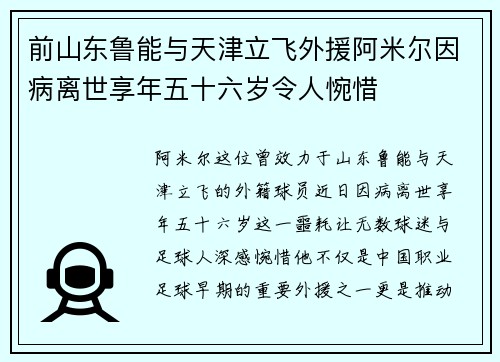 前山东鲁能与天津立飞外援阿米尔因病离世享年五十六岁令人惋惜