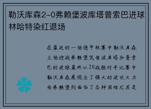 勒沃库森2-0弗赖堡波库塔普索巴进球林哈特染红退场
